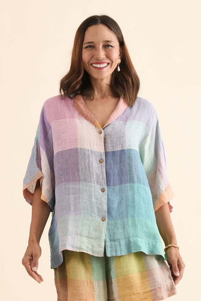 Noemi Multi Check Linen Shirt,Front,Brunette model,alt text|model:Cara image 1