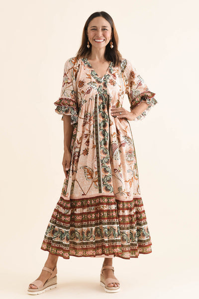 Nolia Beige Floral Cotton Ruffle Dress
