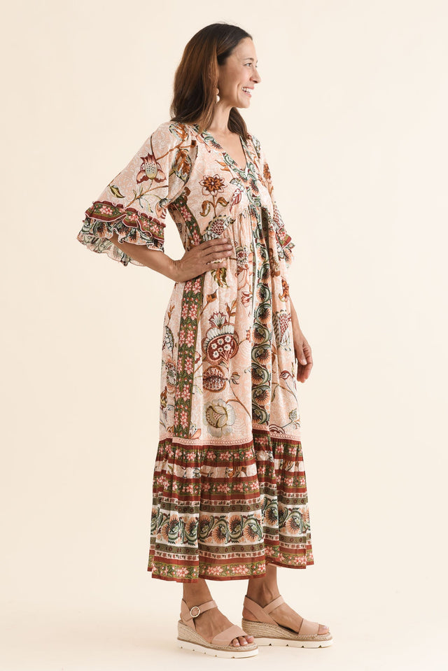Nolia Beige Floral Cotton Ruffle Dress,Side,Brunette model,alt text|model:Cara image 3