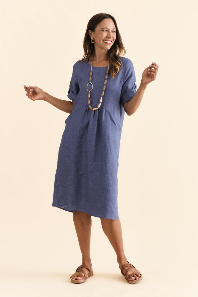 Nolita Dark Blue Linen Pocket Dress,Brunette model,alt text|model:Cara image 7