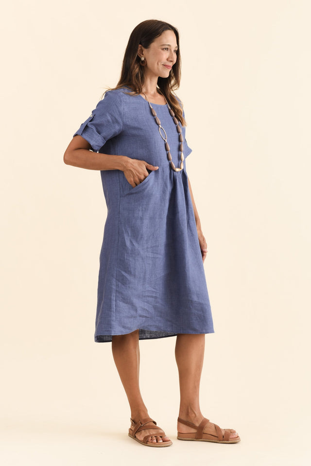 Nolita Dark Blue Linen Pocket Dress,Brunette model,alt text|model:Cara image 4
