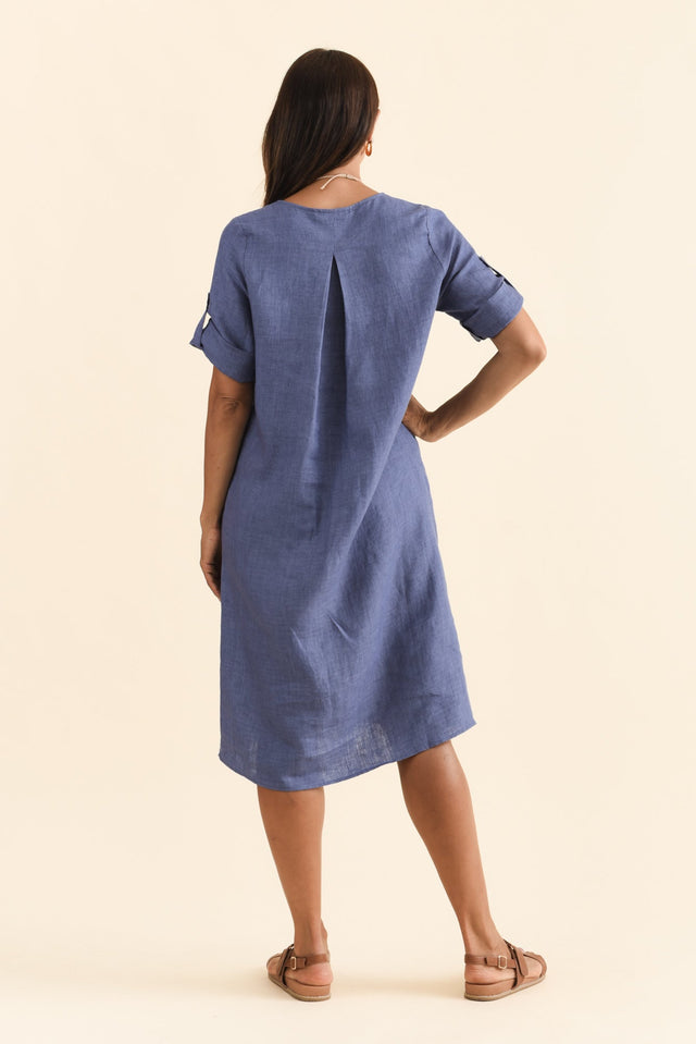 Nolita Dark Blue Linen Pocket Dress,Brunette model,alt text|model:Cara image 5
