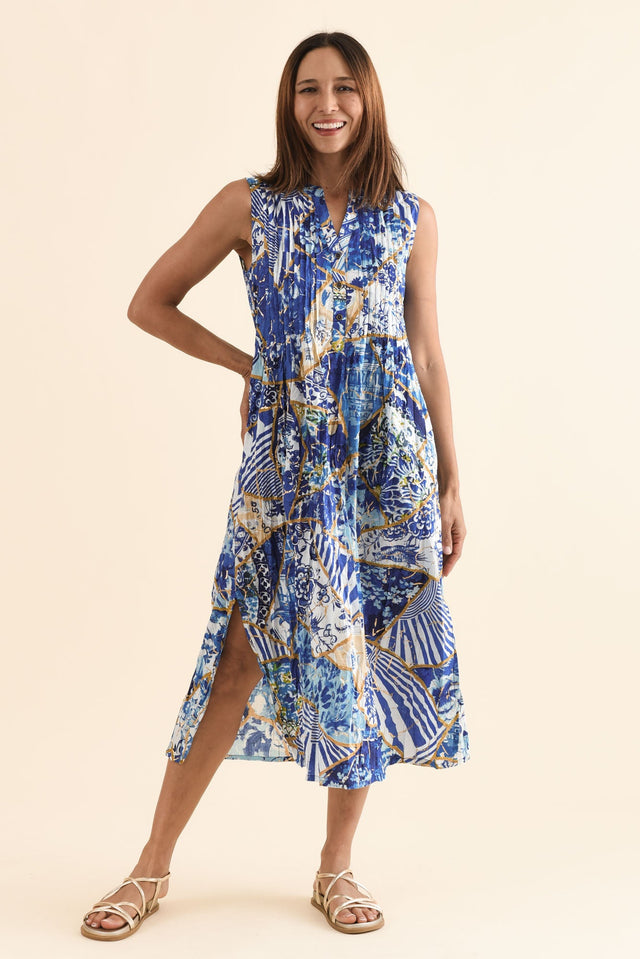 Nome Blue Ocean Cotton Sleeveless Dress,Front,Brunette model,alt text|model:Cara