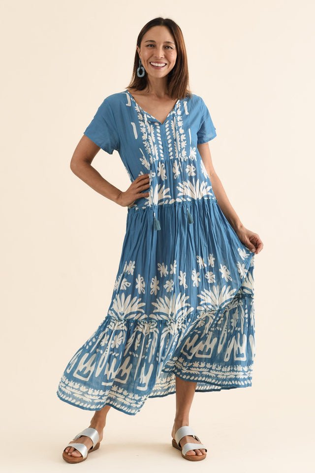 Nona Blue Beach Crinkle Cotton Maxi Dress,Full Body,Brunette model,alt text|model:Cara