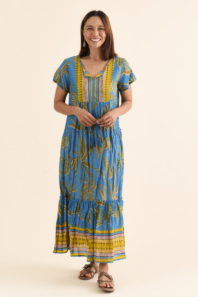 Nona Blue Island Crinkle Cotton Maxi Dress,Full Body,Brunette model,alt text|model:Cara image 6