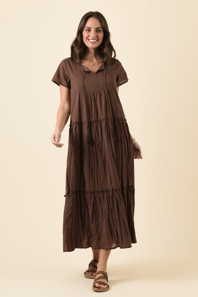 Nona Chocolate Crinkle Cotton Maxi Dress