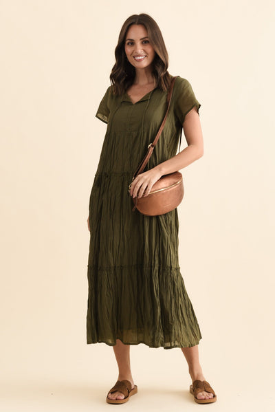 Nona Khaki Crinkle Cotton Maxi Dress