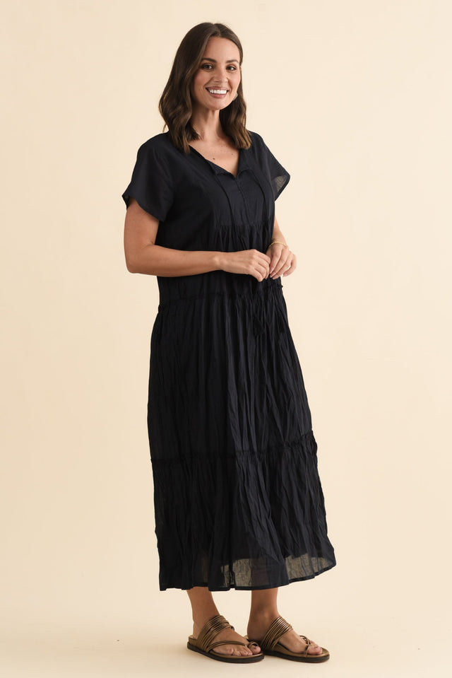 Nona Navy Crinkle Cotton Maxi Dress,Brunette model,alt text|model:MJ image 5