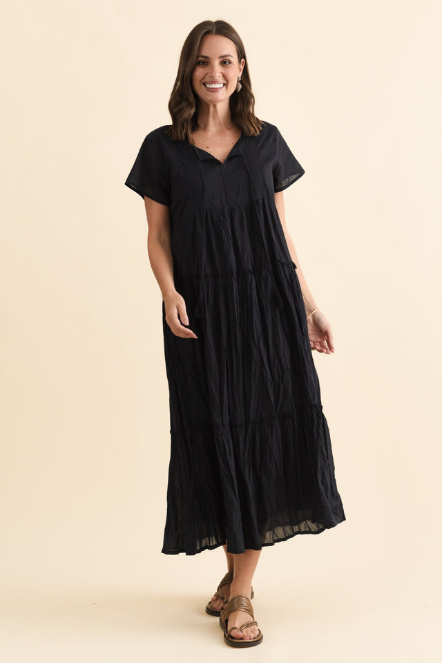 Nona Navy Crinkle Cotton Maxi Dress,Brunette model,alt text|model:MJ image 4