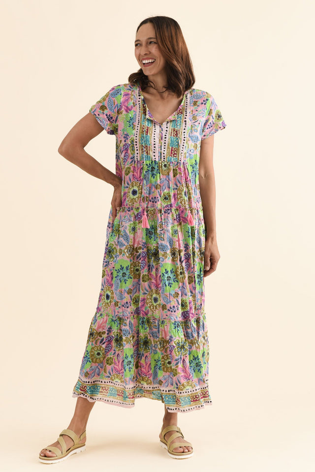 Nona Pink Floral Crinkle Cotton Maxi Dress,Full Body,Brunette model,alt text|model:Cara image 6