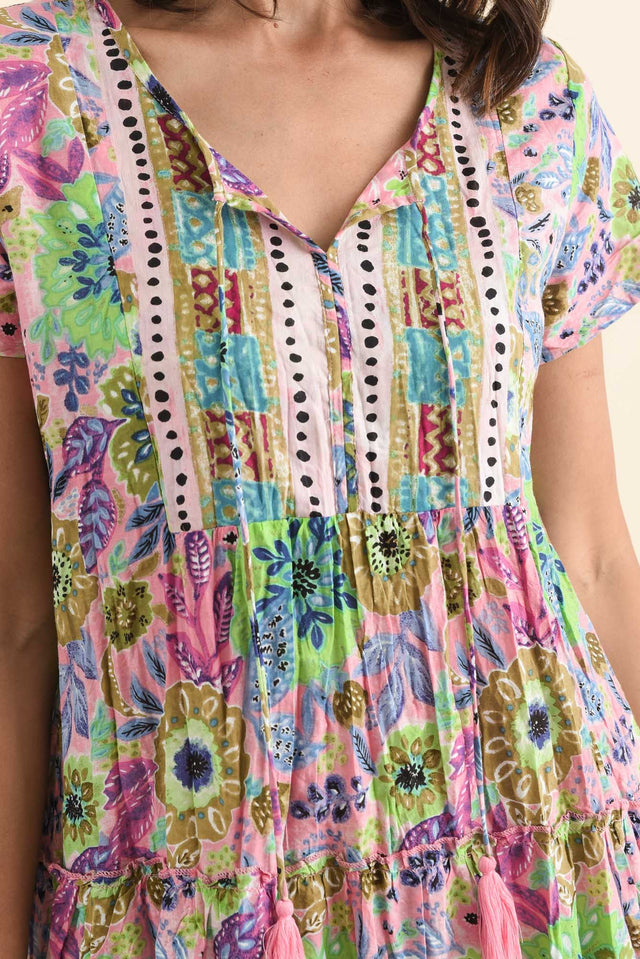 Nona Pink Floral Crinkle Cotton Maxi Dress,Detail,Brunette model,alt text|model:Cara image 5