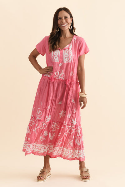 Nona Pink Flower Crinkle Cotton Maxi Dress
