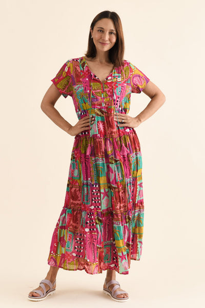 Nona Pink Tile Crinkle Cotton Maxi Dress