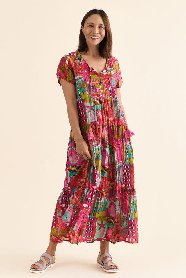 Nona Pink Tile Crinkle Cotton Maxi Dress,Full Body,Brunette model,alt text|model:Cara