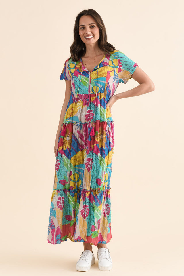 Nona Yellow Blossom Crinkle Cotton Maxi Dress,Full Body,Brunette model,alt text|model:MJ image 3