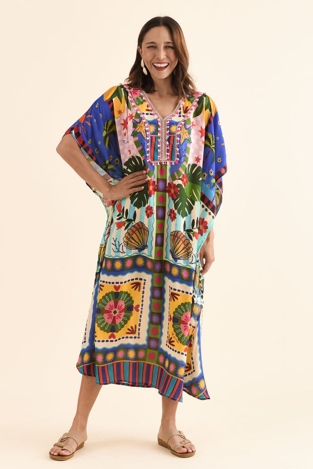 Normie Blue Seaside Kaftan,Full Body,Brunette model,alt text|model:Cara image 2