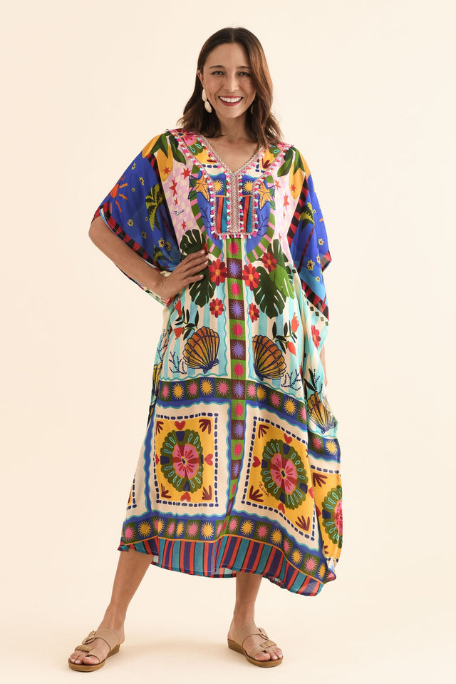 Normie Blue Seaside Kaftan,Full Body,Brunette model,alt text|model:Cara image 6