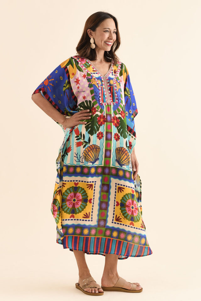 Normie Blue Seaside Kaftan,Side,Brunette model,alt text|model:Cara image 3