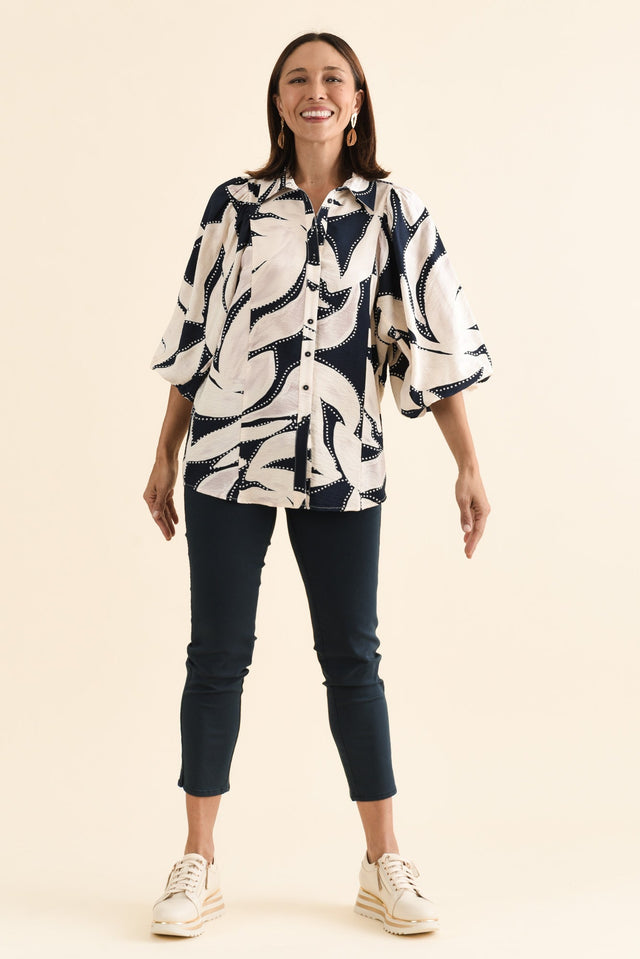 Nova Navy Floral Collared Shirt,brunette model,Full Outfit,alt text|model:Cara