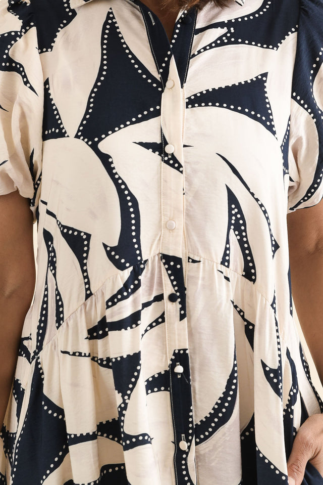 Nova Navy Floral Shirt Dress,brunette model,Close up of outfit,alt text|model:Cara image 5