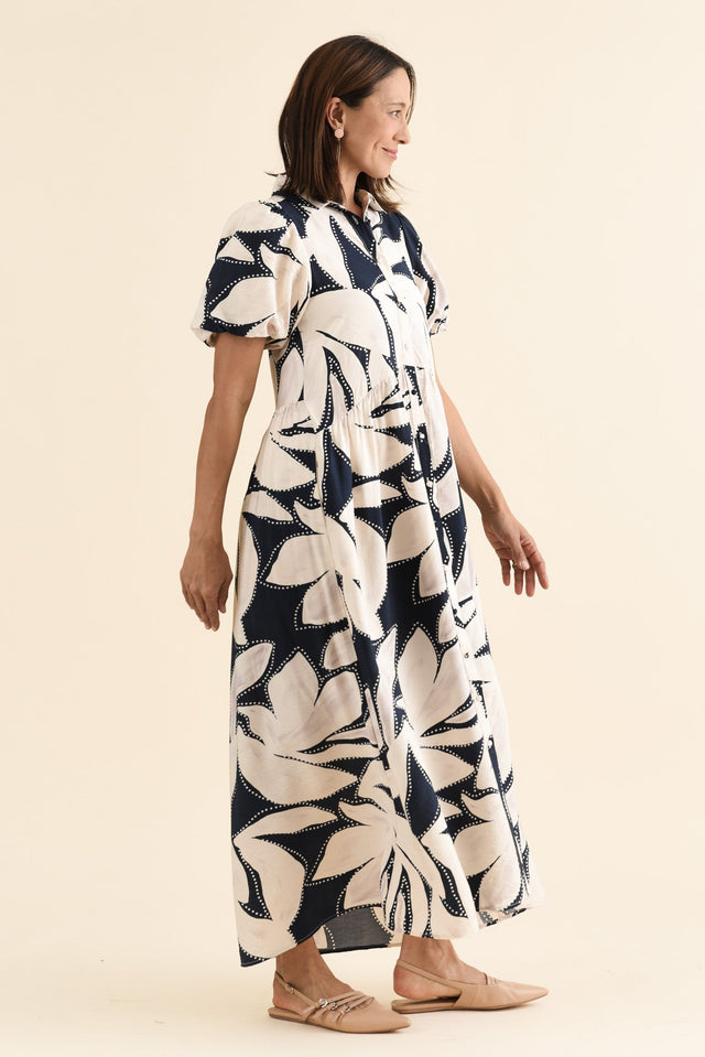 Nova Navy Floral Shirt Dress,brunette model,Side of Outfit,alt text|model:Cara image 3