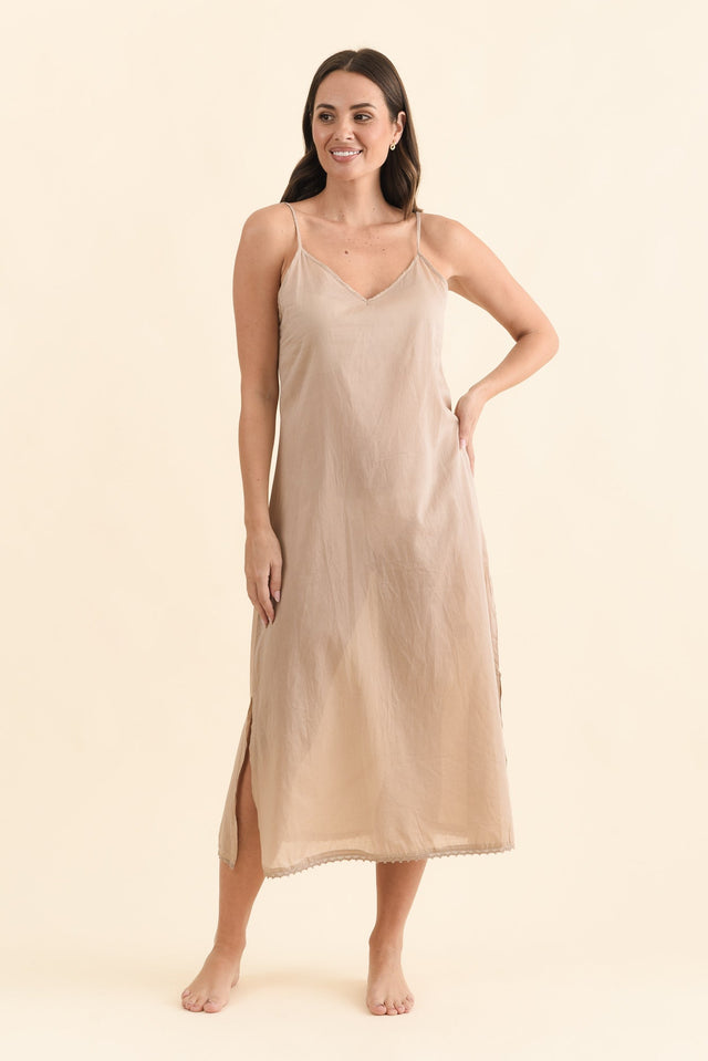 Nude Cotton Maxi Slip Dress,Brunette model,alt text|model:MJ