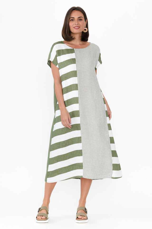 Nunez Khaki Stripe Linen Blend Dress,Brunette model,alt text|model:MJ image 4