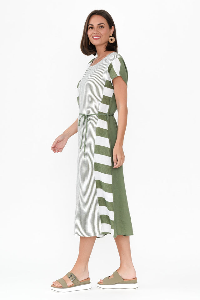Nunez Khaki Stripe Linen Blend Dress,Brunette model,alt text|model:MJ image 5