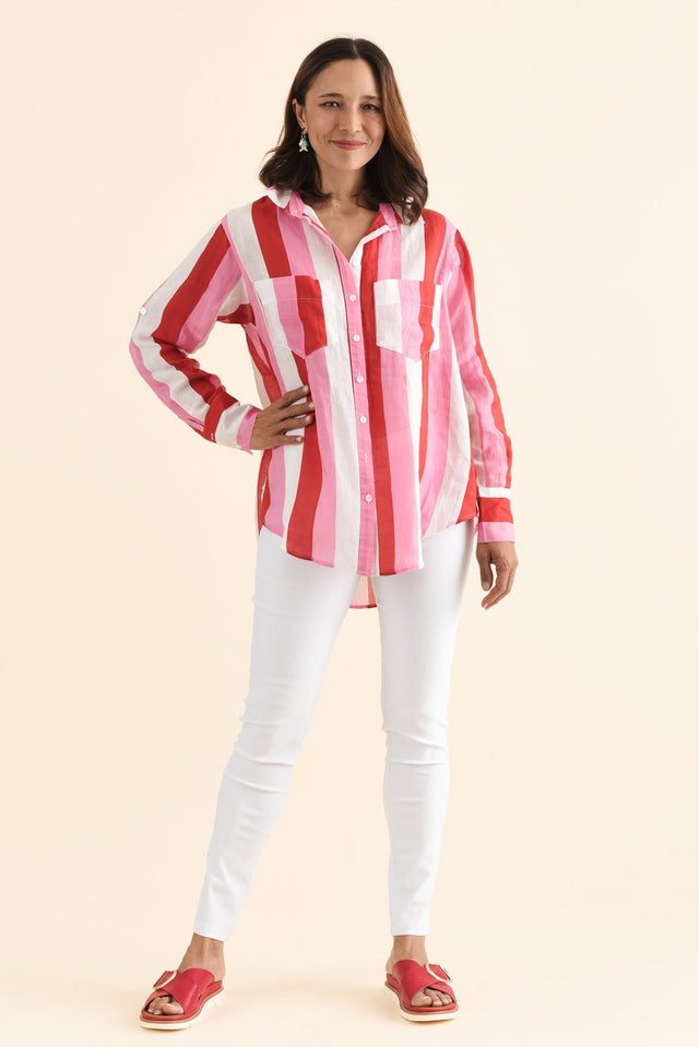 Nyla Red Stripe Linen Shirt,Full Body,Brunette model,alt text|model:Cara image 2