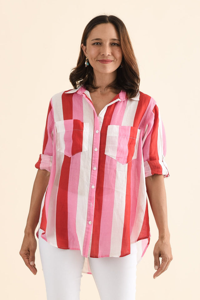 Nyla Red Stripe Linen Shirt,Front,Brunette model,alt text|model:Cara image 1
