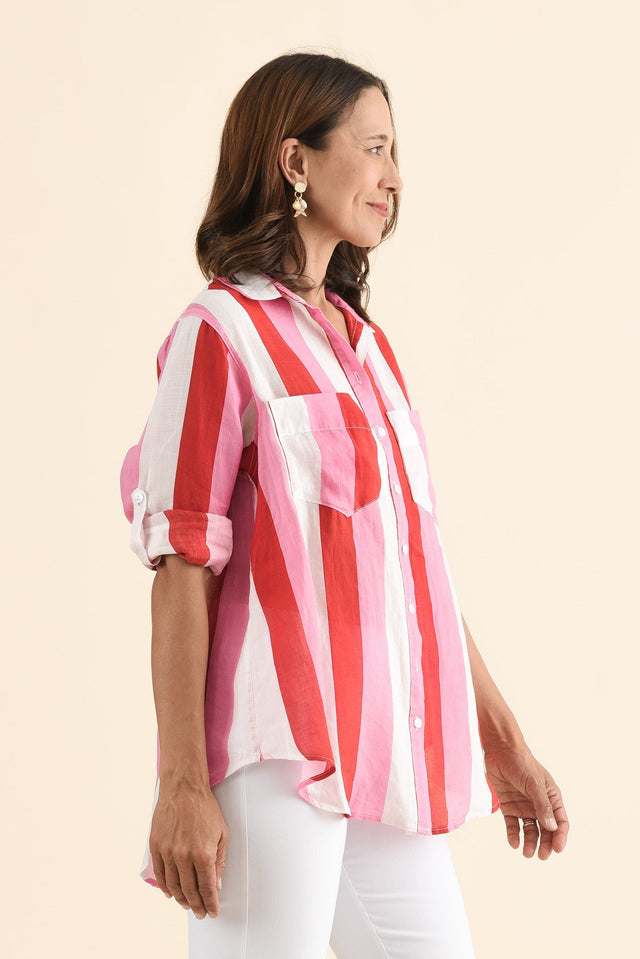 Nyla Red Stripe Linen Shirt,Side,Brunette model,alt text|model:Cara image 3