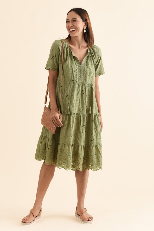 Oak Khaki Cotton Embroidered Dress,Front,Brunette model,alt text|model:Cara