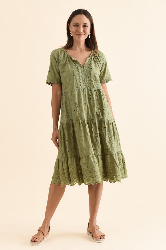 Oak Khaki Cotton Embroidered Dress,Full Body,Brunette model,alt text|model:Cara