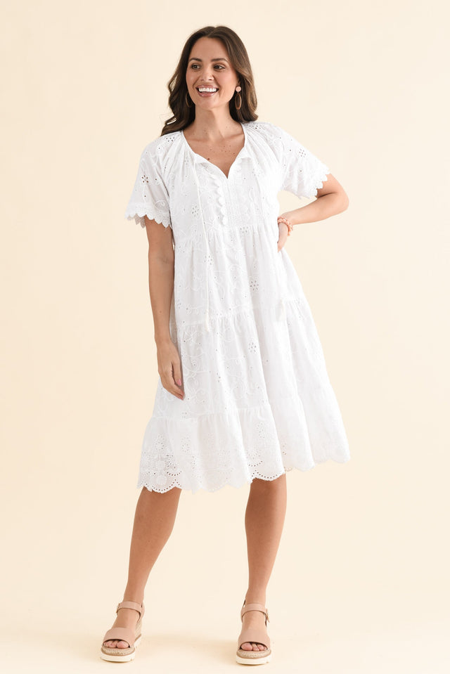Oak White Cotton Embroidered Dress,Front,Brunette model,alt text|model:MJ