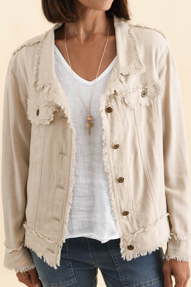 Oakley Beige Linen Frayed Jacket,Brunette model,alt text|model:Cara image 6