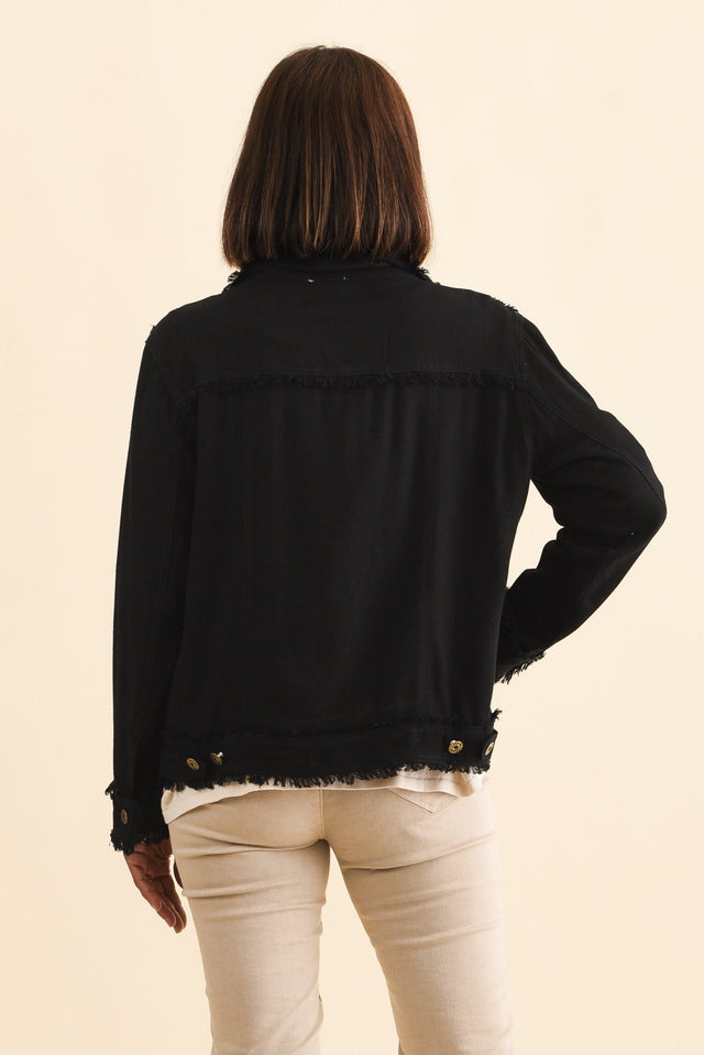 Oakley Black Linen Frayed Jacket,Brunette model,alt text|model:Cara image 5