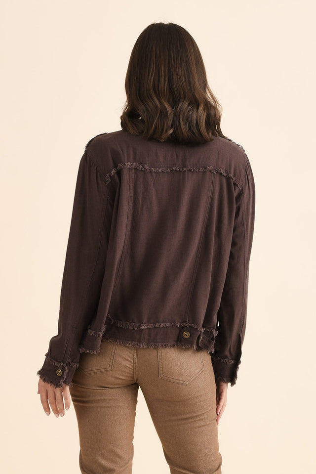 Oakley Chocolate Linen Frayed Jacket,Back,Brunette model,alt text|model:MJ image 4