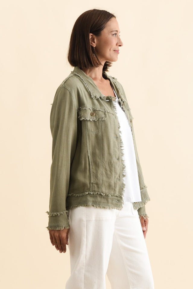 Oakley Khaki Linen Frayed Jacket,Brunette model,alt text|model:Cara image 4