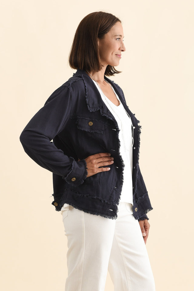 Oakley Navy Linen Frayed Jacket,Brunette model,alt text|model:Cara image 5
