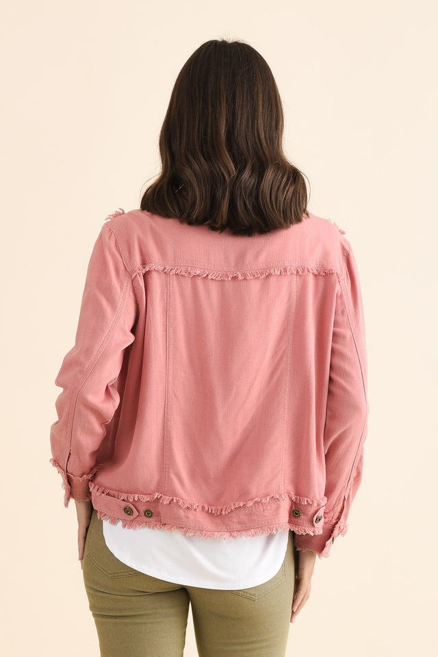 Oakley Pink Linen Frayed Jacket,Side,Brunette model,alt text|model:MJ image 3