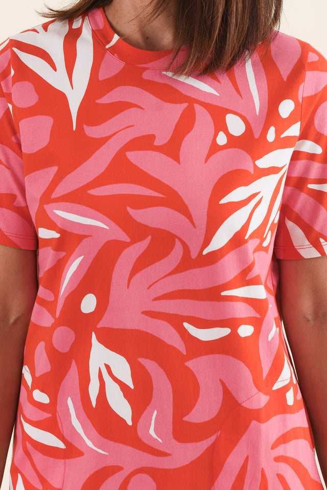 Oceana Orange Abstract Cotton Tee Dress,Detail,Brunette model,alt text|model:Cara image 5