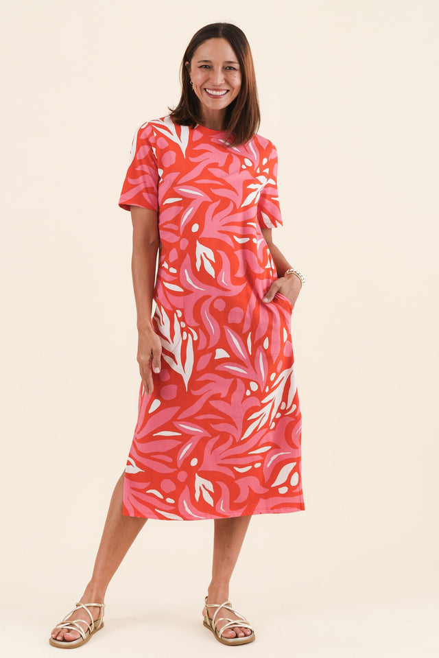 Oceana Orange Abstract Cotton Tee Dress,Front,Brunette model,alt text|model:Cara