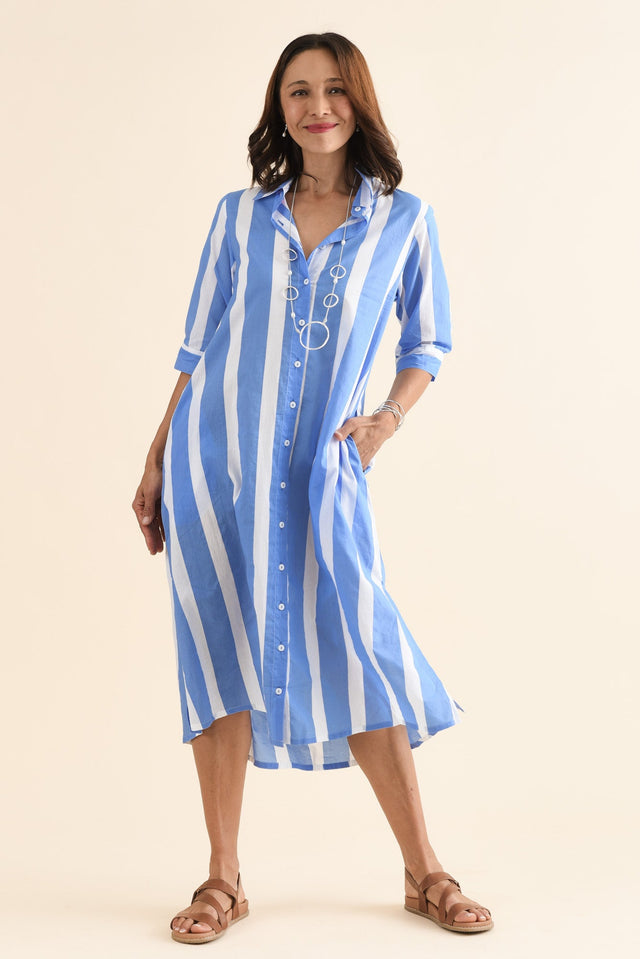 Odessa Blue Stripe Organic Cotton Shirt Dress,Front,Brunette model,alt text|model:Cara image 1