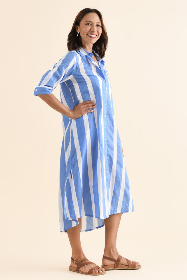 Odessa Blue Stripe Organic Cotton Shirt Dress,Side,Brunette model,alt text|model:Cara image 3