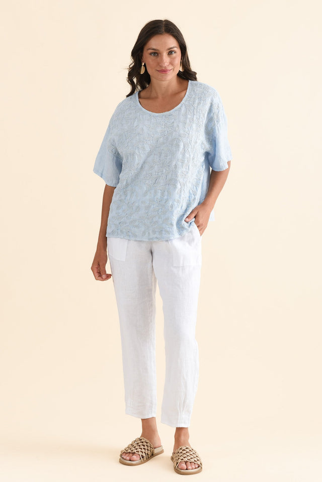 Odia Blue Abstract Linen Embroidered Top,Full Body,Brunette model,alt text|model:Brontie