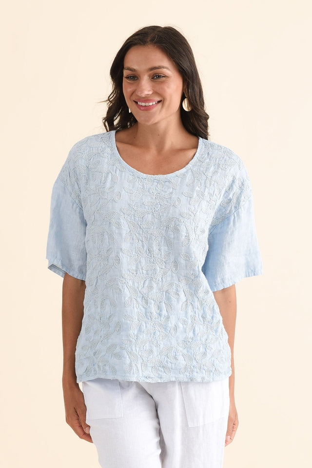 Odia Blue Abstract Linen Embroidered Top,Front,Brunette model,alt text|model:Brontie
