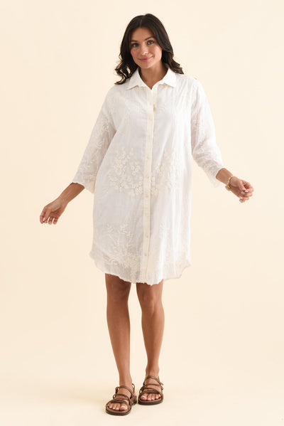 Offredo White Cotton Embroidered Shirt Dress