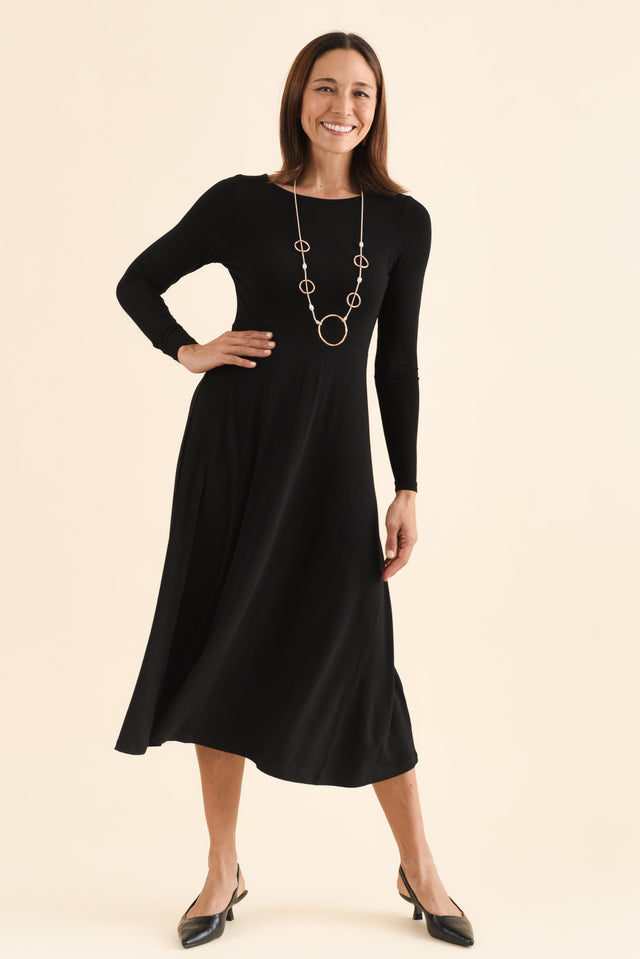 Olivia Black Bamboo Sleeved Dress,Full Body,Brunette model,alt text|model:Cara image 7