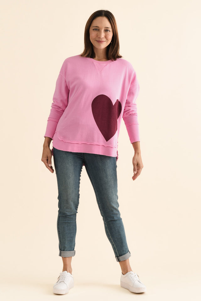 One Heart Pink Cotton Crewneck Sweatshirt,brunette model,Full Outfit,alt text|model:Cara image 6