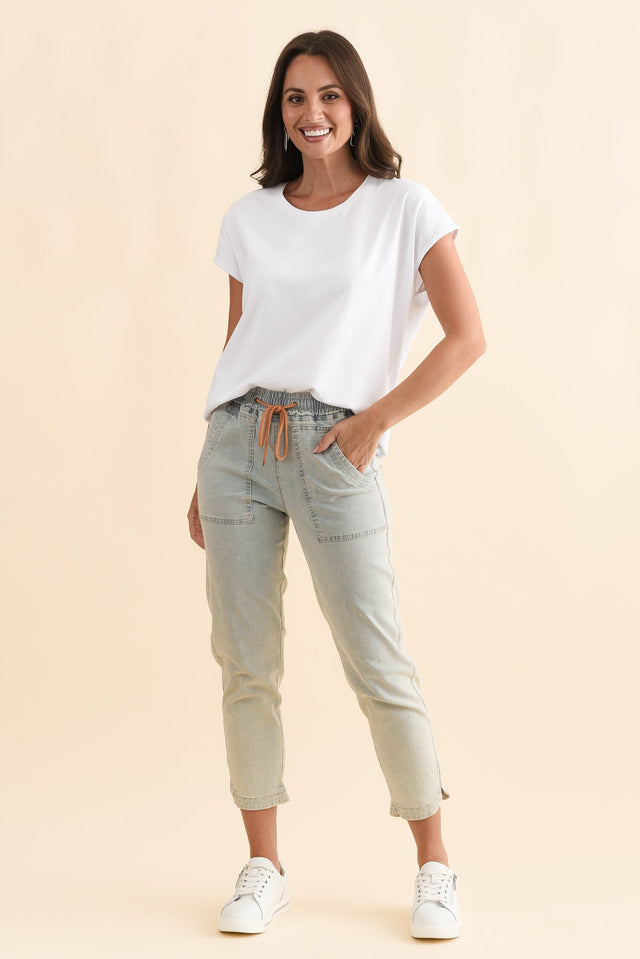 Orbe Light Blue Denim Drawstring Jeans,Brunette model,alt text|model:MJ image 8